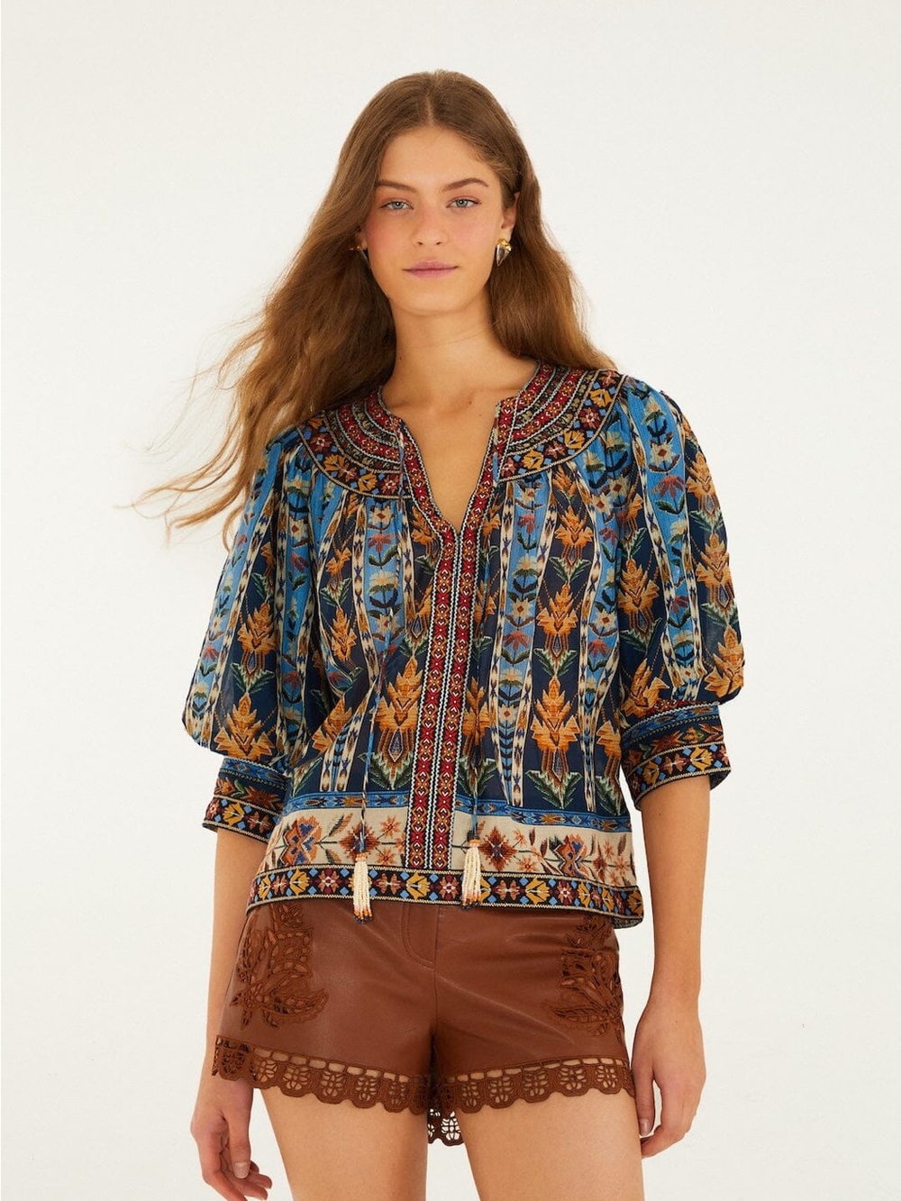 Farm Rio Blue Embroidered Tapestry Tassels Puff Sleeve Blouse - Picture 2 of 9